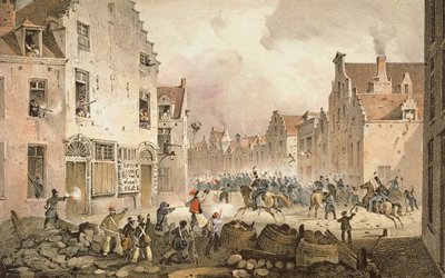Fighting and Barricades in the Rue de Flandre, Brussels, 23rd September 1830, Engraved by Dewasme-Pletinckx by Paulus Lauters